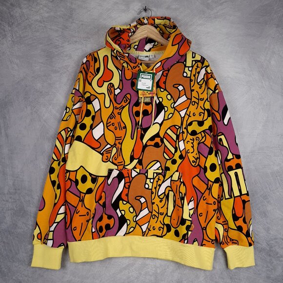 Puma BRITTO Hoodie Mens Large Yellow Orange AOP Graffiti Art Streatwear 90s insp - Picture 2 of 16